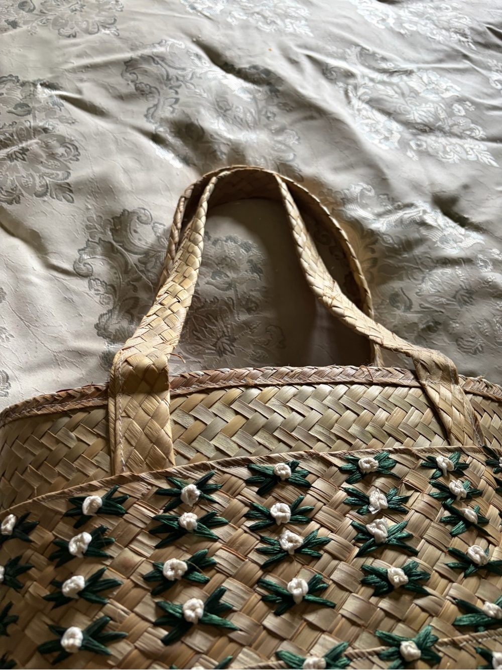 Woven Straw Tote Bag with White Floral Embroidery
